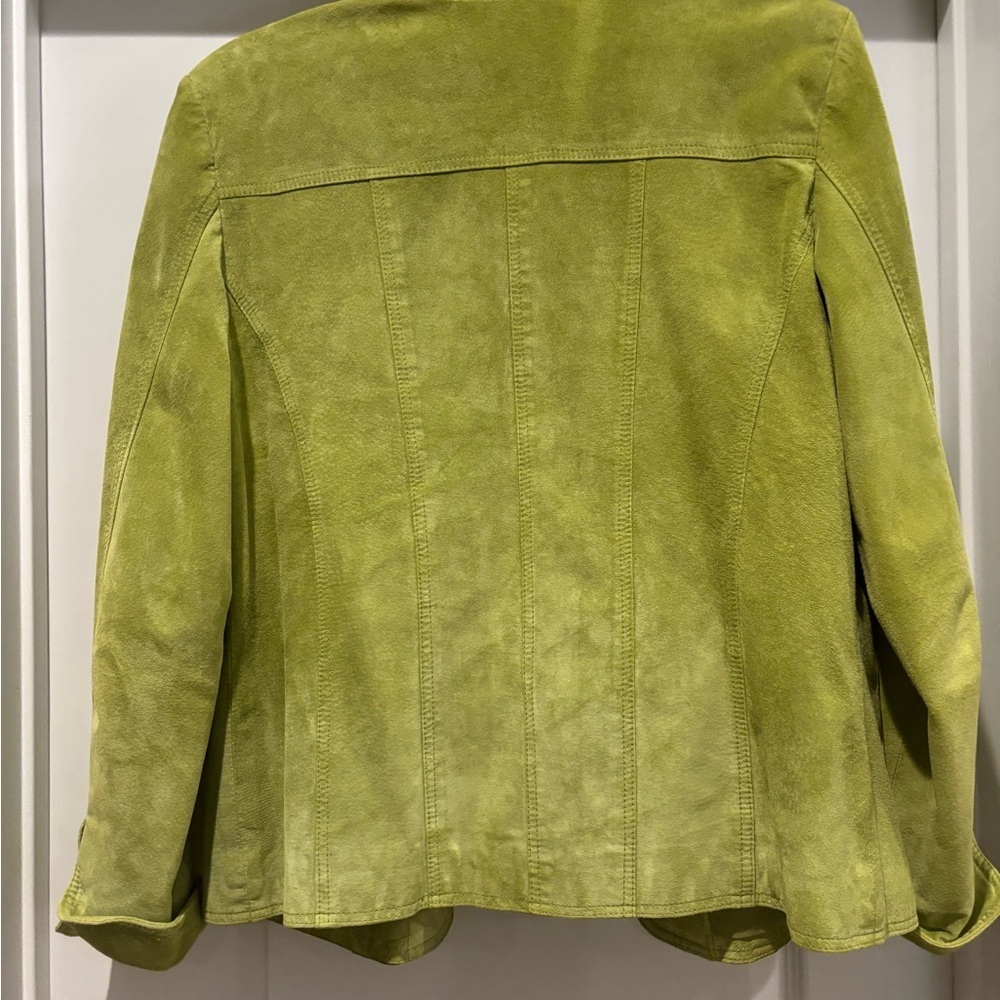 DAVID BROOKS LG AVOCADO GREEN SUEDE SHORT JACKET GOLD SNAPS ROLL UP CUFFS LINED - Picture 7 of 15